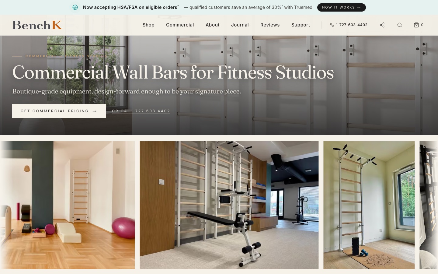 benchk.us: Commercial Wall Bars for Fitness Studios, with a carousel of studio photos
