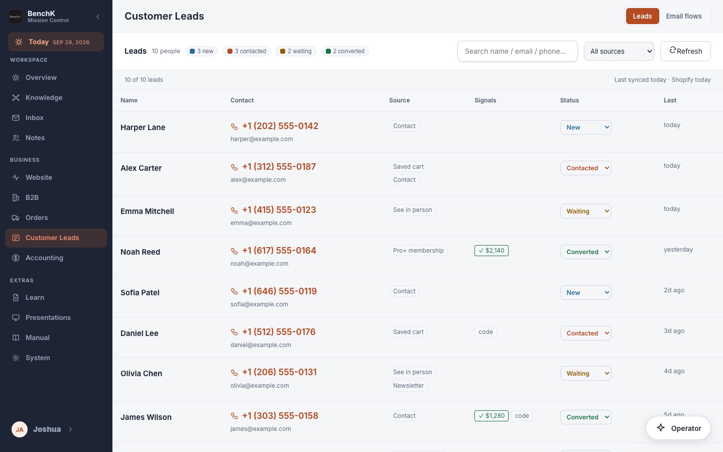 Mission Control Customer Leads with ten leads, sources, signals and statuses, illustrative data