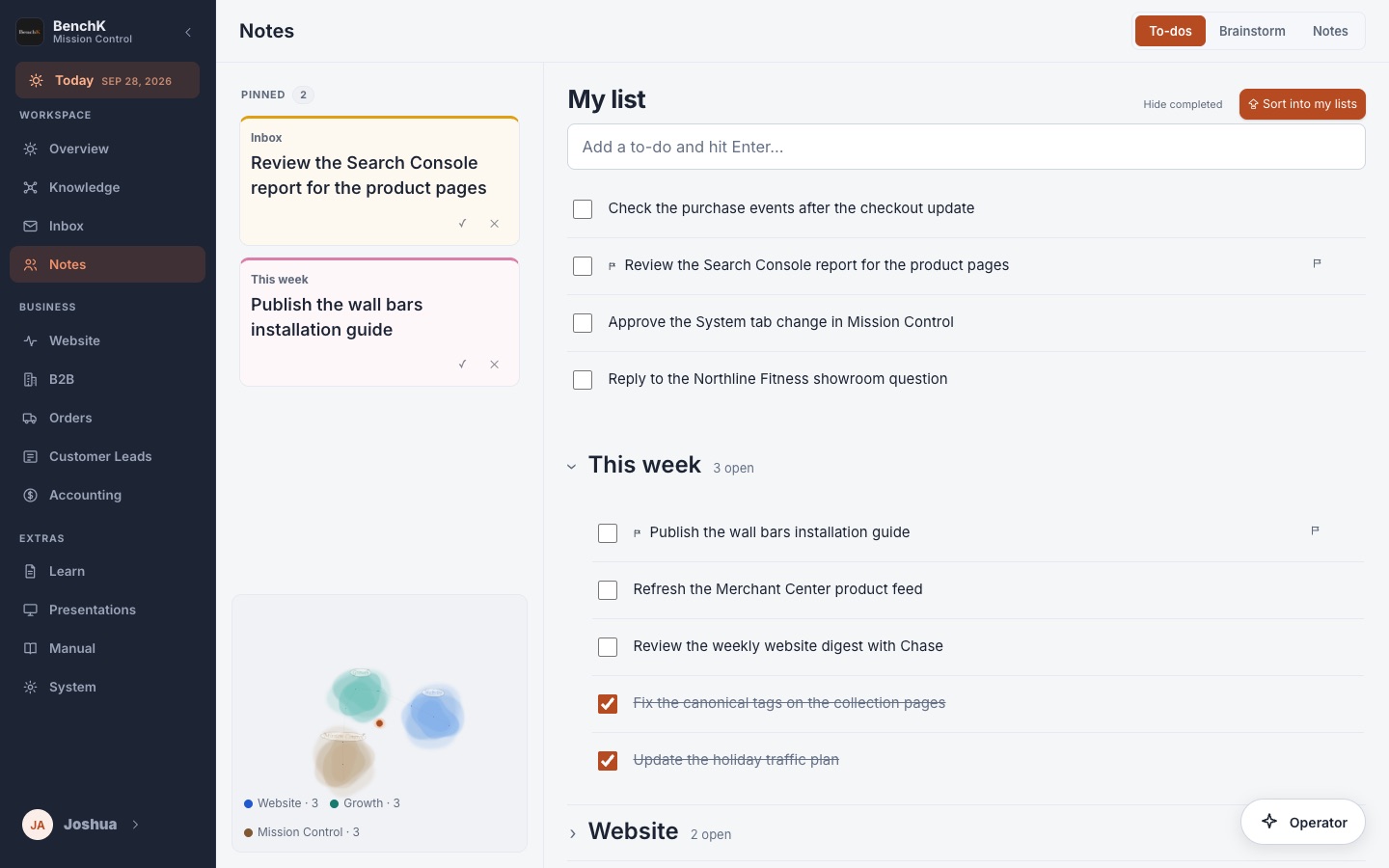 Mission Control Notes, Josh's to-dos with pinned items and this week's list, illustrative data