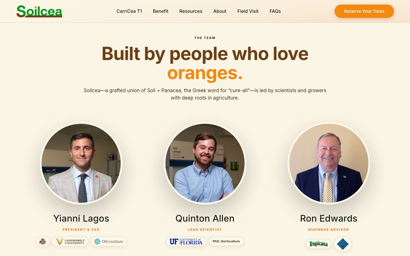 soilcea.com team section: Built by people who love oranges, with Yianni Lagos, Quinton Allen and Ron Edwards
